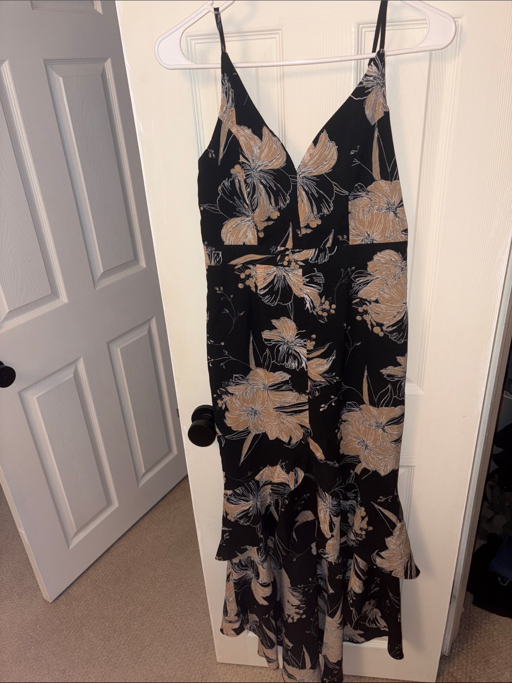 Lulu's Black Slip Dress with Beige Floral Print